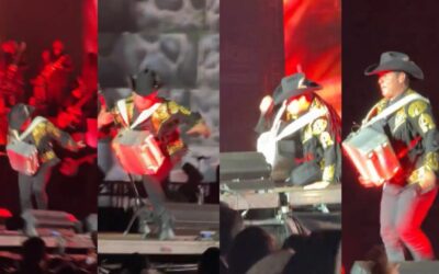 ¡Suelo! Alfredito Olivas se cae en pleno show con todo y acordeón | Video