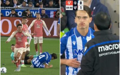 Denis Suárez tiene que ser atendido por un corte en la boca tras chocar con el árbitro
